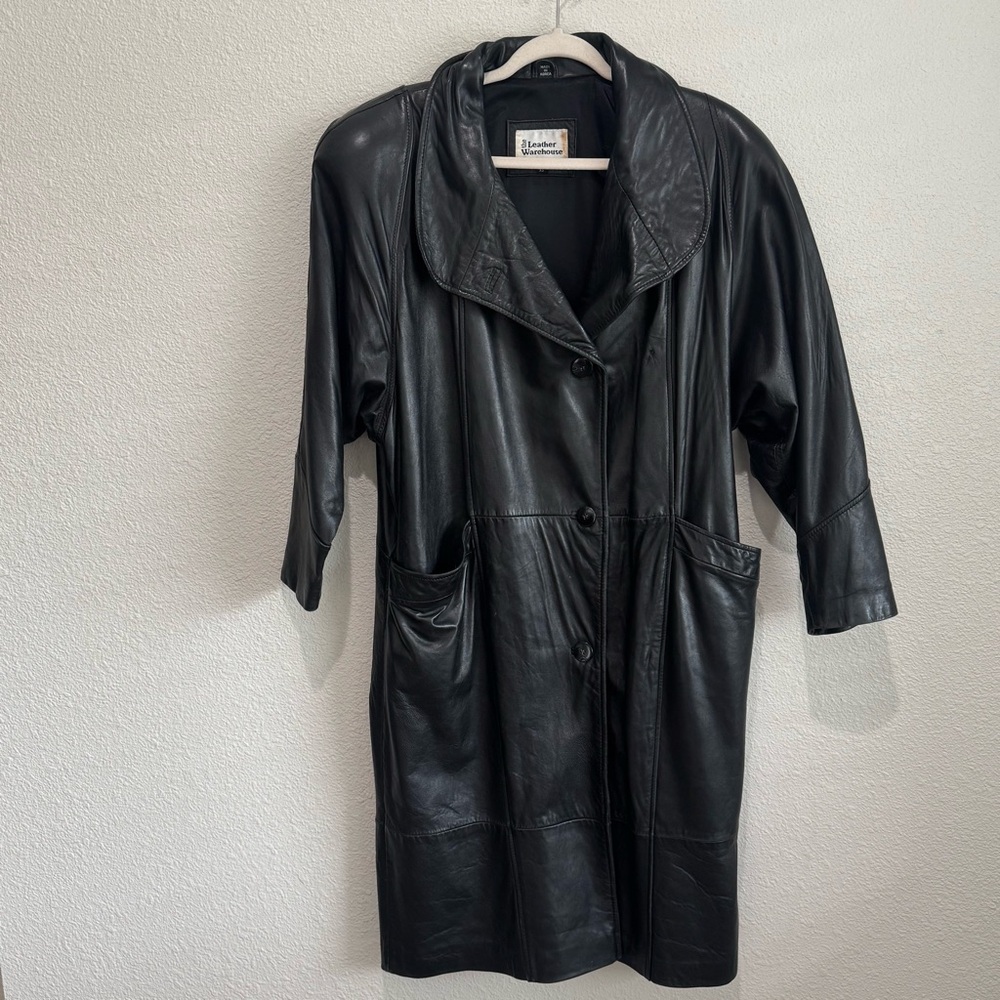 VTG Leather Warehouse Women's Full Length Black Leather Trench Overcoat XS